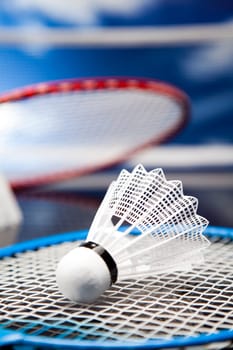 Shuttlecock on badminton racket