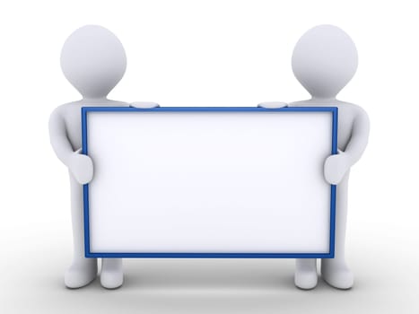 Two 3d people as one team are holding a blank sign