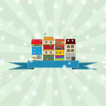 Winter holidays card with vintage houses and banner