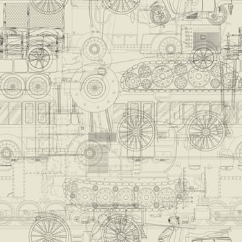 Cars, trains and construction vehicle drawing, seamless pattern background.