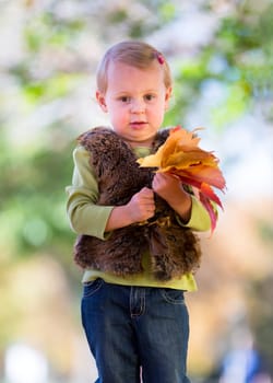 cute little girl with autumn leaves