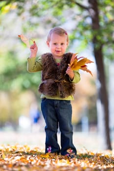 cute little girl with autumn leaves