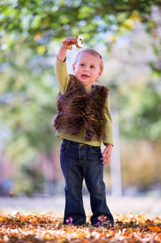 cute little girl with autumn leaves