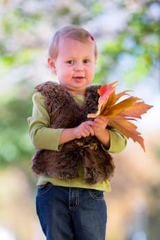 cute little girl with autumn leaves