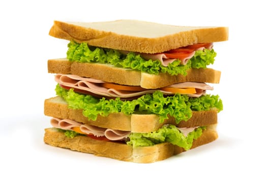 Sandwich,toast with salad and sausage against a white background