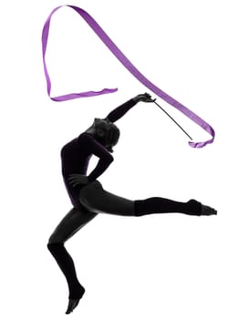 one caucasian woman exercising Rhythmic Gymnastics with ribbon  in silhouette studio isolated on white background
