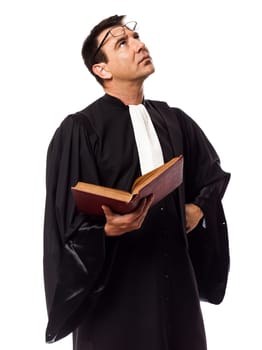 one caucasian lawyer man thinking in studio isolated on white background
