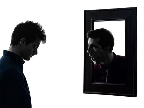 man in front of his mirror  in shadow  white background