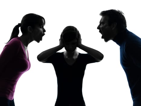 one caucasian family father mother daughter dispute screaming  in silhouette studio isolated on white background