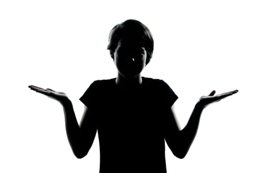 one caucasian young teenager silhouette boy or girl  ignorant hesitation shrugging gesture portrait in studio cut out isolated on white background