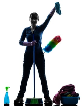 one caucasian woman maid cleaning products brooming   in silhouette studio isolated on white background