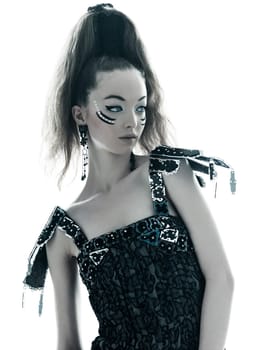 one young beautiful woman fashion model in on aura tout vu silk black fantasy haute couture summer dress in studio white background