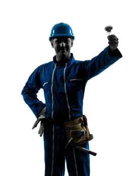one caucasian man holding light bulb  silhouette in studio on white background