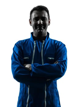 one caucasian man construction worker smiling friendly  silhouette portrait in studio on white background