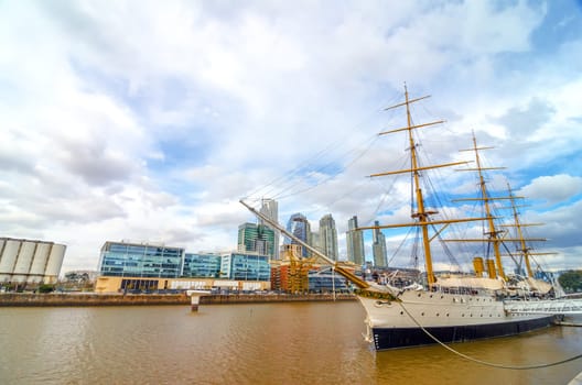 Old boat on the waterfront of the upscale Puerto Madero neighborhood in Buenos Aires, Argentina
