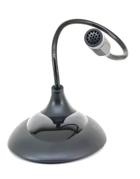 Wireless grey plastic microphone transmitter isolated over white background, front view, shallow depth of field