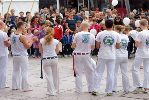 Mainz,Germany - September 14,2013: A group of martial artists and dancers perform Capoeira on September 14,2013 at the Science Days in Mainz.