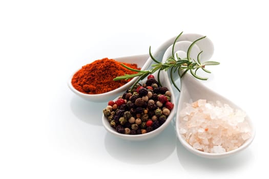 Himalayan rock salt, red cayenne pepper and black peppercorns in ceramic spoons with a sprig of fresh rosemary for seasoning and flavouring food