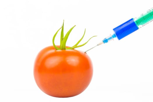 A blue liquid is injected into a tomato with a syringe