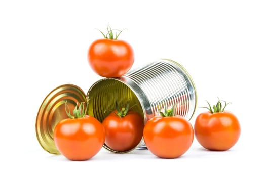Several tomatoes around a lying tin