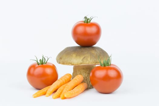 Various vegetables and a porcini mushroom as a still life against a white background