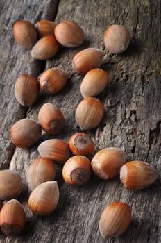 Hazelnuts on a wooden table. Close-up shot.