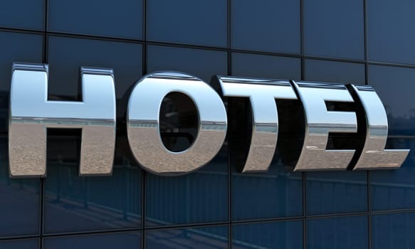 hotel facade with rounded letters and chrome done in 3d