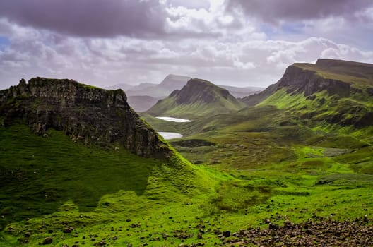 Landscape view of Quiraing mountains on Isle of Skye, Scottish highlands, United Kingdom