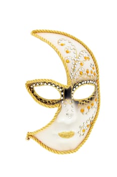 Venetian style women's face mask, decorated with glitter, gold braid and fake gemstones