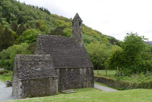 St. Kevin's Chapel or "Kitchen"" at Glendalough in the Wicklow Mountains in Ireland."