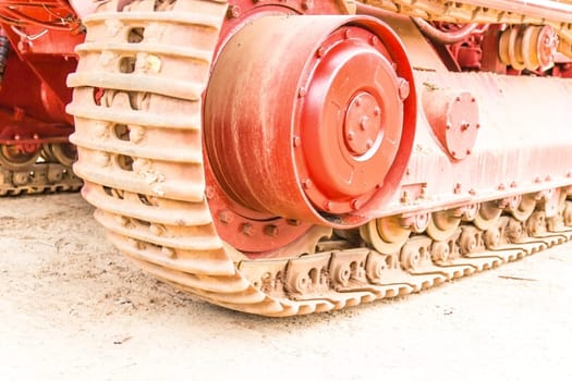 Caterpillars of the tractor. Car engine, Sugar cane harvest