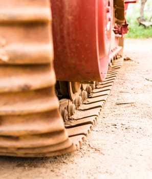 Caterpillars of the tractor. Car engine, Sugar cane harvest
