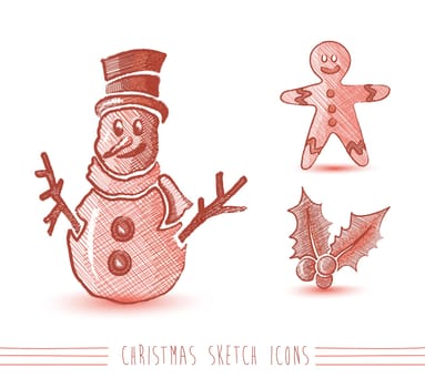 Merry Christmas red hand drawn snowman and winter elements composition. EPS10 vector file organized in layers for easy editing.