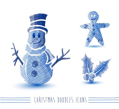 Merry Christmas blue hand drawn snowman and winter elements set. EPS10 vector file organized in layers for easy editing.