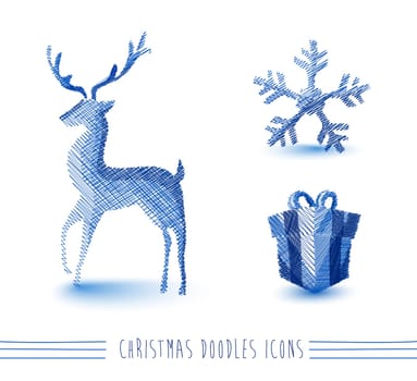 Merry Christmas blue hand drawn reindeer and winter elements set. EPS10 vector file organized in layers for easy editing..
