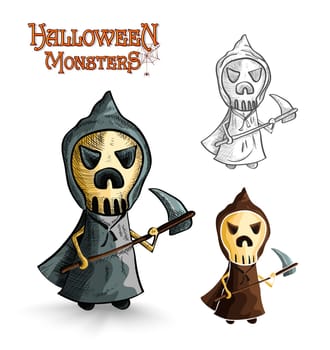 Halloween monsters spooky cartoon grim reaper set. EPS10 Vector file organized in layers for easy editing.