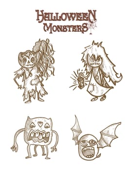 Halloween monsters spooky sketch style cartoons set. EPS10 Vector file organized in layers for easy editing.