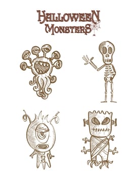 Halloween monsters spooky sketch style creatures cartoons set. EPS10 Vector file organized in layers for easy editing.