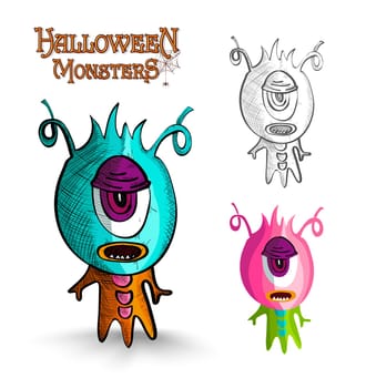 Halloween monsters spooky one eye freak set. EPS10 Vector file organized in layers for easy editing.