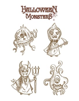 Halloween monsters spooky sketch style creatures cartoons set. EPS10 Vector file organized in layers for easy editing.