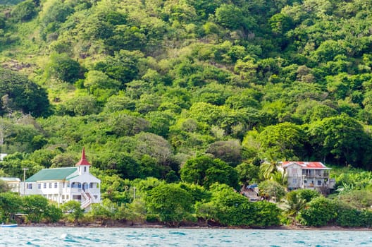 View of a church and other building off of coast of San Andres y Providencia, Colombia
