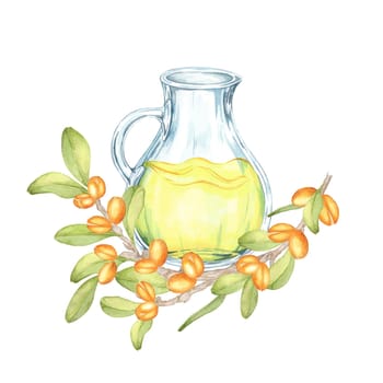 A watercolor clipart featuring a glass jar of yellow argan oil surrounded by orange fruits and green leaves. Perfect for wellness product branding, label designs, or advertisements.