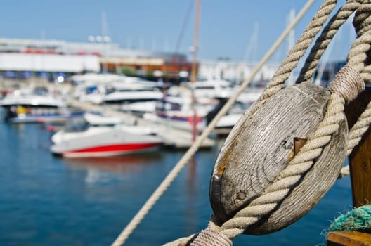Blocks and rigging at the old sailboat, close-up