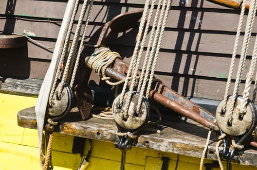 Blocks and rigging at the old sailboat, close-up
