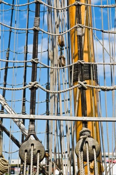 Blocks and rigging at the old sailboat, close-up