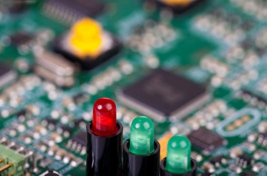 3 LEDs in sockets on a circuit board