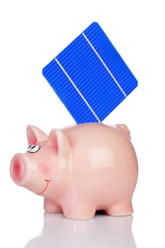 Solar cell is isolated in piggy bank against a white background