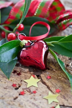 Decoration in red and gold for Christmas on fir branches