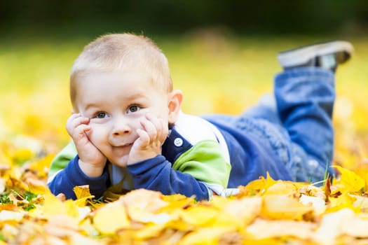 little boy lying on the yellow leaves in the autumn park