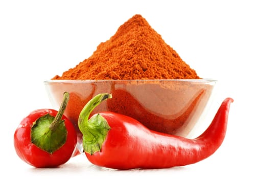 Glass bowl with red hot chili pepper isolated on white